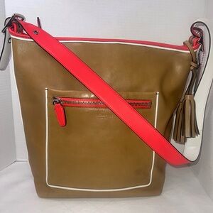 🔥🔥🔥 COACH Legacy 22414 Tan/Coral/White Leather Duffel Shoulder Bag